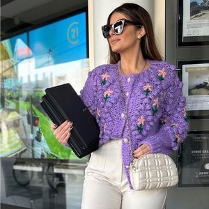 Stitch floral Pom-Pom hand knit cardigan sweater